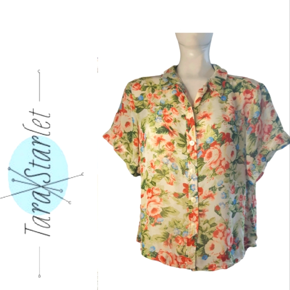 Tara Starlet womens boutique semi sheer light floral button short sleeve top L
